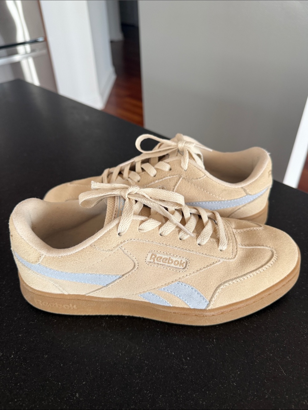 Reebok Beige Suede Sneakers with Light Blue Accents